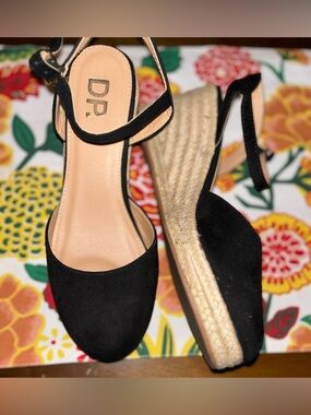 Black Espadrille Wedge Sandals with Ankle Strap - Women